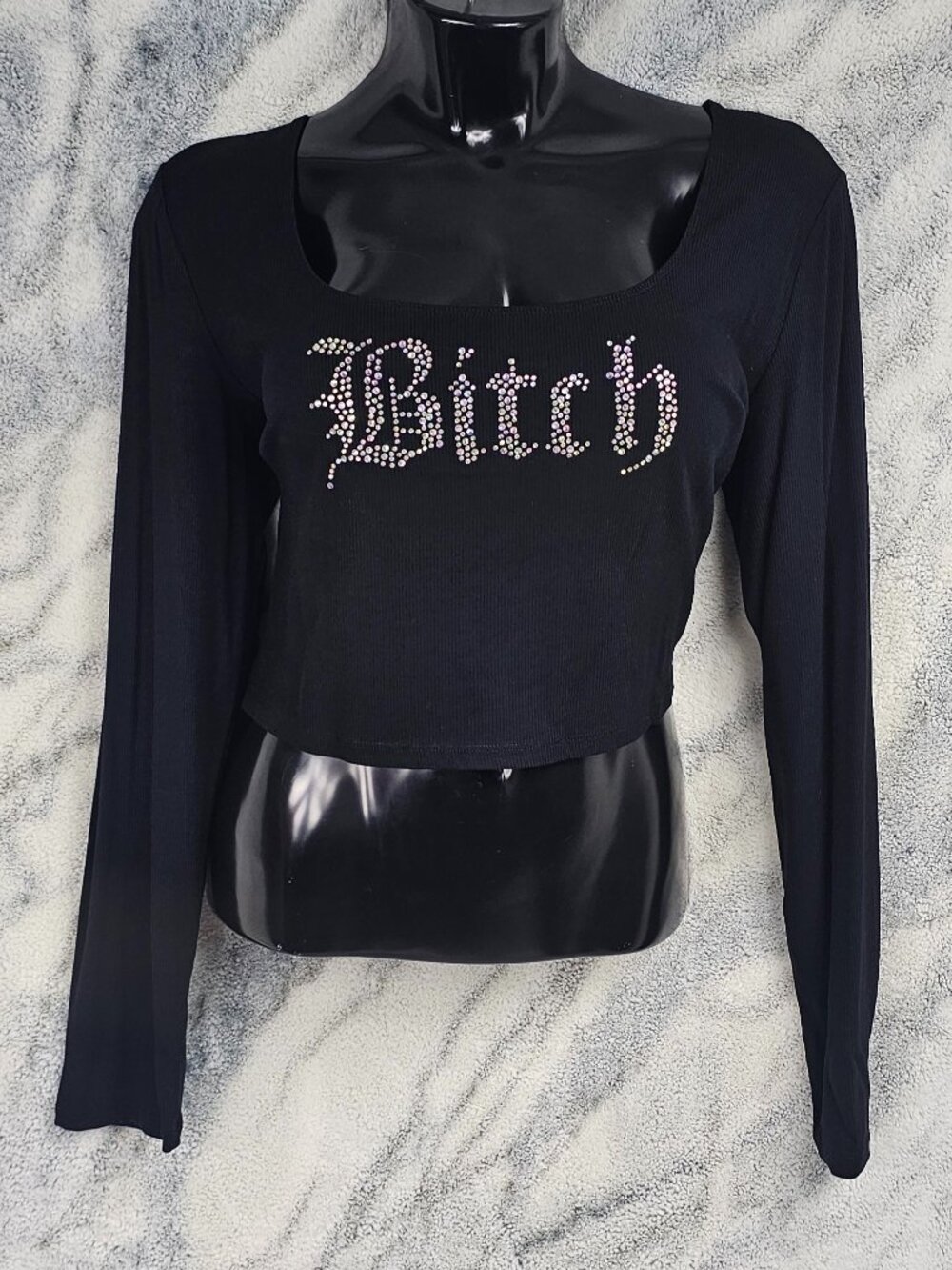 Poster Grl 1X B!tch Iridescent Rhinestone Long Sleeve Ribbed Crop Top Dolls Kill